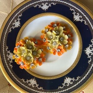 Vintage Orange & Yellow Flower Clip-on Earrings